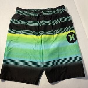 Hurley Board Shorts Boys 10/12 Blue Green Stripes Swim Trunks Beach Surf